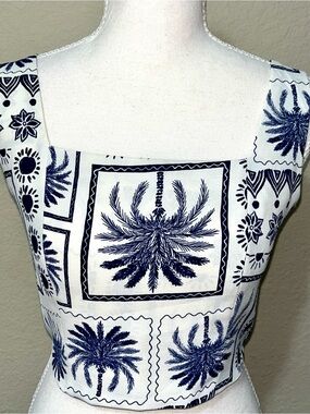 Navy Palm Print Square Neck Crop Top